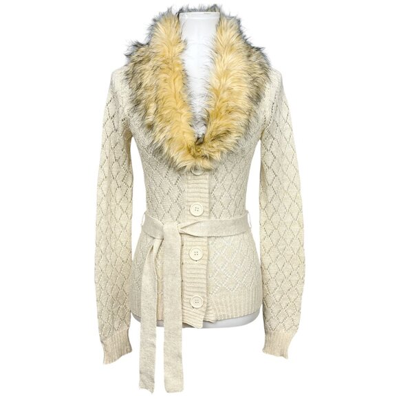 Vintage Y2K Fur Trim Cardigan Sweater Pointelle Knit Penny Lane Cream - Picture 13 of 13